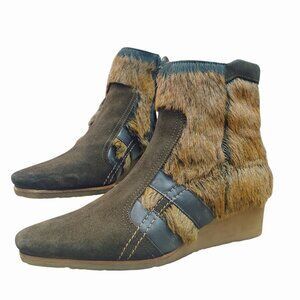 Hogan Leather Fur Boots Size 9.5 Modern Ankle Booties Brown Wedge Side Zippers